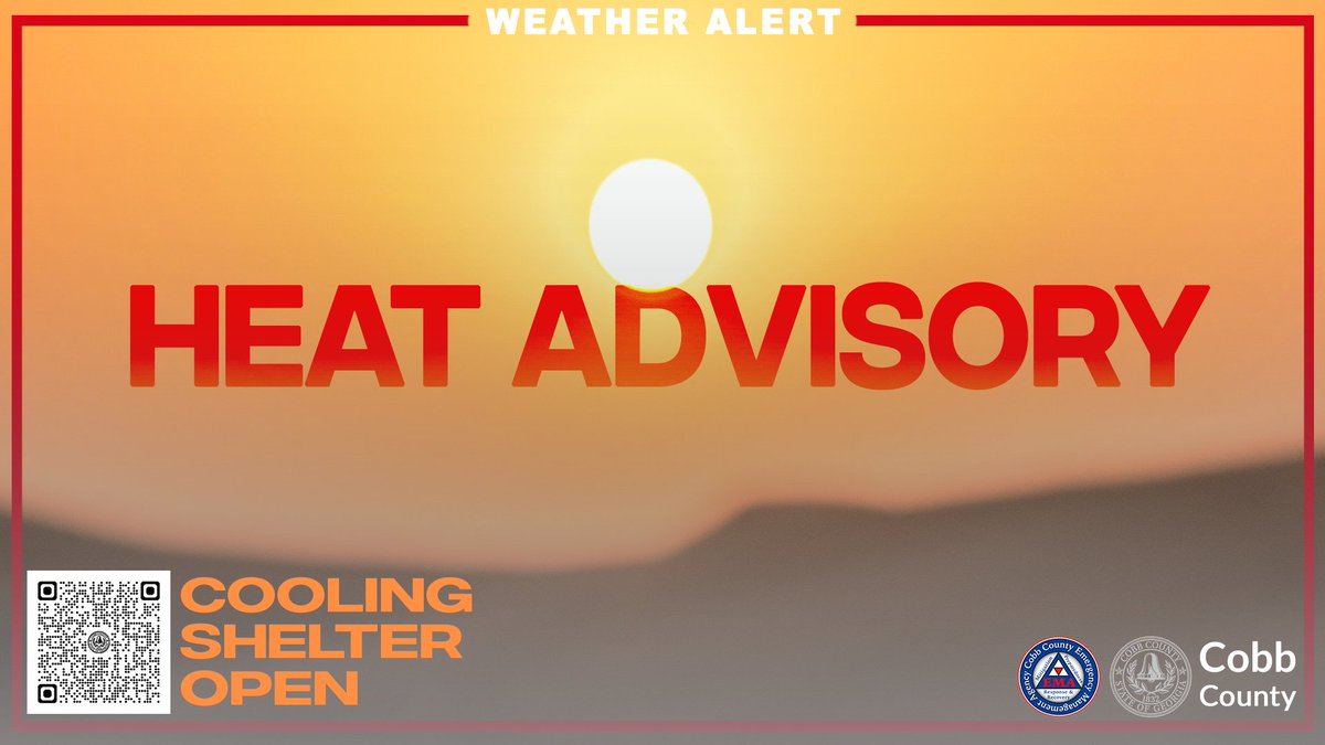 🔥 HEAT ADVISORY in Cobb County through Tuesday!
🌡️ Heat index could hit 105°.
💧 Stay hydrated
🐾 Protect pets
🚫 Avoid long outdoor exposure

Need to cool off?
🏠 MUST Ministries Hope House: cobbcounty.gov/communications…
📚 Libraries: cobbcounty.gov/library/locati…