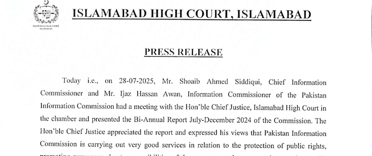 ehtshamkiani's tweet image. پاکستان انفارمیشن کمیشن عوامی حقوق کا بہترین انداز میں تحفظ کر رہا ہے، چیف جسٹس اسلام آباد ہائیکورٹ سردار سرفراز ڈوگر