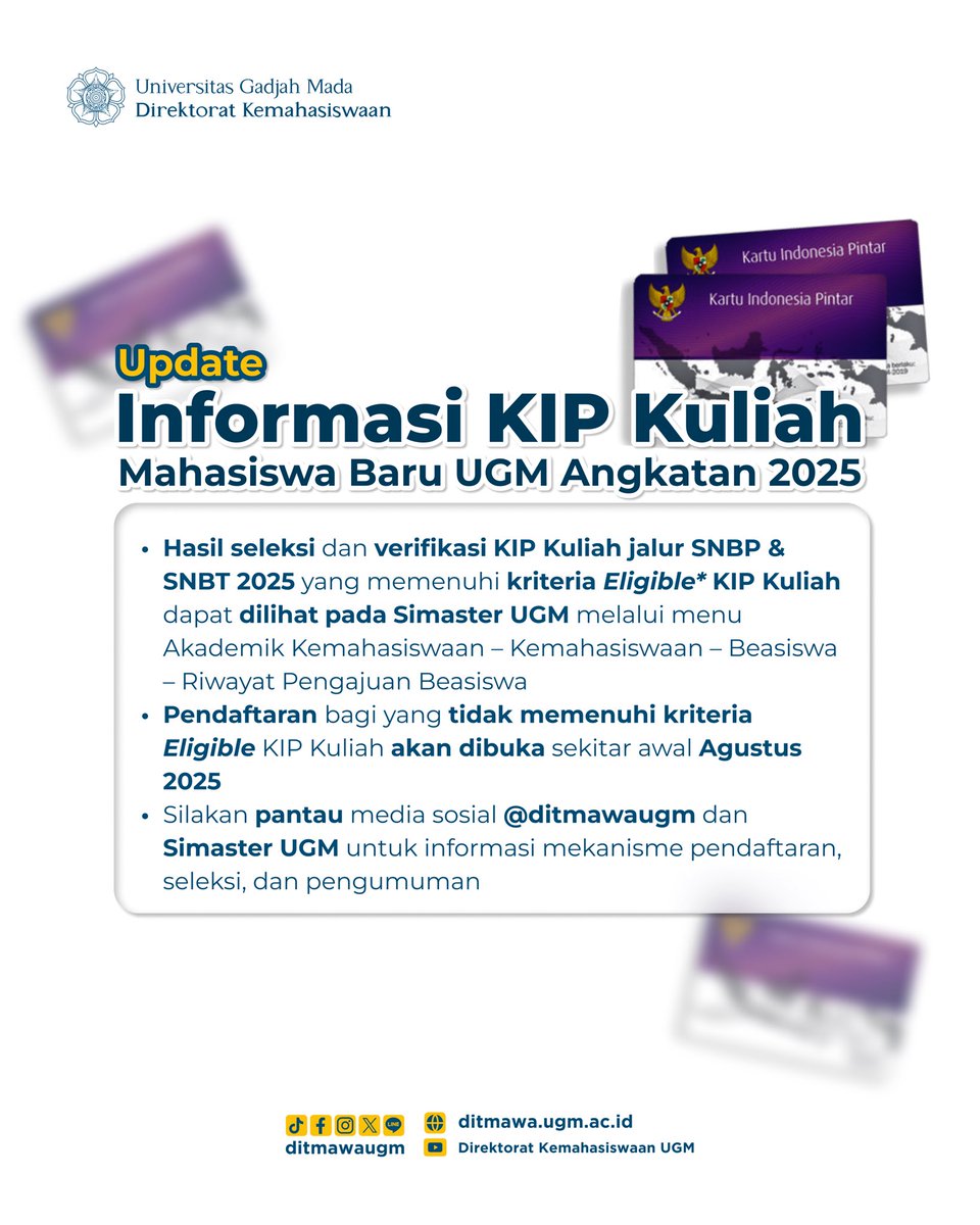 ditmawaugm's tweet image. Info KIP-K UGM!
Halo sahabat Ditmawa! Yuk cek hasil seleksi dan info lengkap KIP Kuliah Mahasiswa Baru UGM Angkatan 2025 di Simaster UGM dan laman ditmawa.ugm.ac.id ✨
Kriteria eligible KIP Kuliah jalur SNBP dan SNBT adalah sebagai berikut:
1. Terdata menerima PIP…
