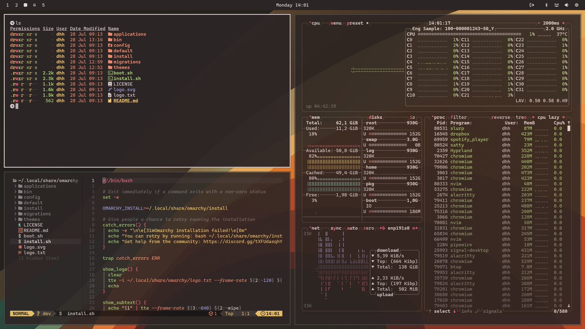 dhh's tweet image. Omarchy v1.7.0 is out. A new frivolous but fun screensaver. A new beautiful brown ristretto theme. A handful of other fixes and improvements. github.com/basecamp/omarc…