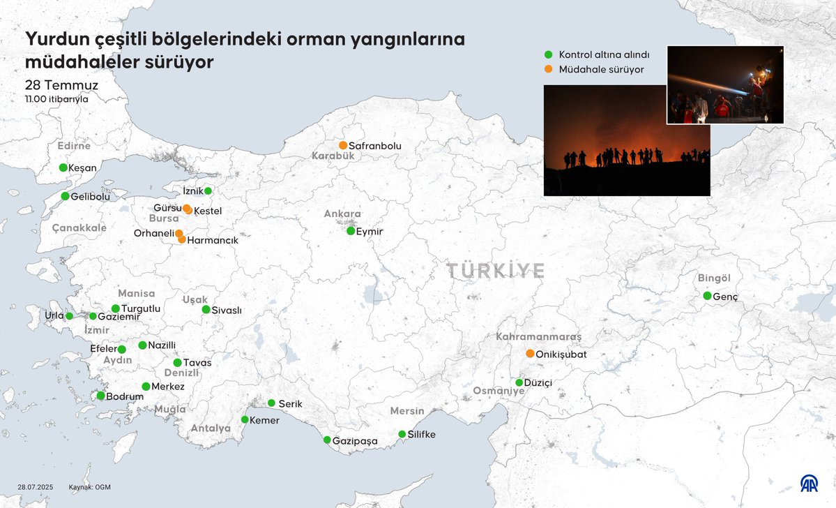 Yurdun çeşitli bölgelerinde orman yangınlarına müdahale ediliyor ⤵️

🟢 Kontrol altına alınanlar:

📍 Gelibolu
📍 Keşan
📍 İznik
📍 Eymir
📍 Turgutlu
📍 Urla
📍 Gaziemir
📍 Sivaslı
📍 Nazilli
📍 Efeler
📍 Tavas
📍 Merkez (Muğla)
📍 Bodrum
📍 Gazipaşa
📍 Kemer
📍 Serik
📍 Silifke