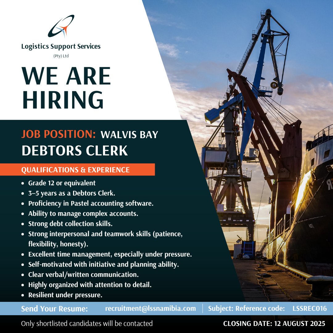 LSS_Namibia's tweet image. 📍 Walvis Bay | Vacancy: Debtors Clerk
Strong on debt collection, account management &amp;amp; time under pressure? We’re hiring.

Apply by 12 Aug 2025
recruitment@lssnamibia.com
Ref: LSSREC016

Only shortlisted candidates will be contacted.
#DebtorsClerk #WalvisBayJobs #LSSNamibia