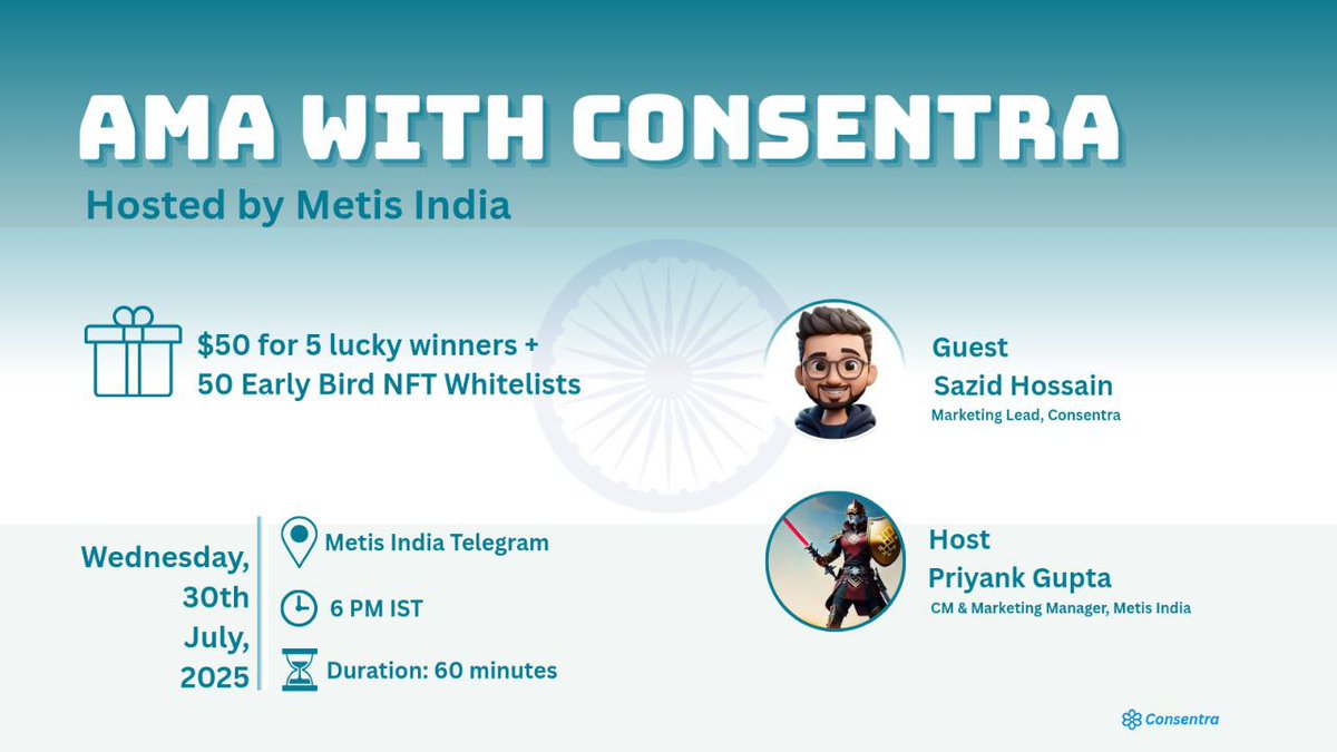 Metis_India's tweet photo. We're hosting an exclusive AMA with @Consentra_DAO on Telegram.

📅 July 30 | 6:00 PM IST
📍 https://t.co/AV6d1xnD95

Consentra is building AI-powered governance for DAOs. Join us to learn about the future of decentralized decision-making.

🎁 $50 prize pool + 50 whitelist spots https://t.co/zwmAKu2Dh4