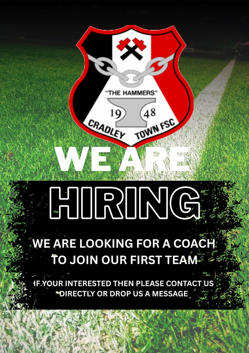 CradleyTown_FC's tweet photo. 🚨 We’re Hiring!🚨

Cradley Town FC is on the lookout for a First Team General Coach to join our backroom staff ahead of the new season. If you’ve got the experience, the energy, and the commitment — we want to hear from you! 📈

📩 To apply or find out more, get in touch via DM https://t.co/sMHAWkU5T9