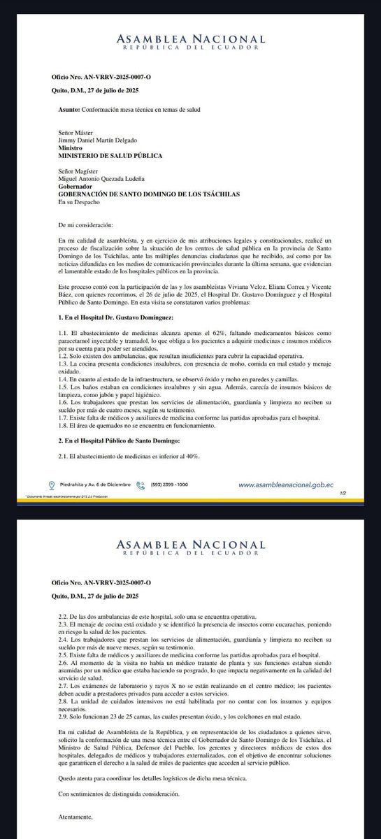 Viviana Veloz (@vivianavelozec) on Twitter photo Después de recorrer los hospitales, <a href="/HospitalDGDZ/">Hospital Dr. Gustavo Domínguez Z. 🇪🇨</a> y <a href="/HospitalGSD/">Hospital General Santo Domingo 🇪🇨</a>, constatamos el grave estado del servicio de salud pública de Santo Domingo de los Tsàchilas. Con el objetivo de contribuir a la búsqueda de soluciones efectivas, he solicitado la conformación de una mesa técnica Después de recorrer los hospitales, <a href="/HospitalDGDZ/">Hospital Dr. Gustavo Domínguez Z. 🇪🇨</a> y <a href="/HospitalGSD/">Hospital General Santo Domingo 🇪🇨</a>, constatamos el grave estado del servicio de salud pública de Santo Domingo de los Tsàchilas. Con el objetivo de contribuir a la búsqueda de soluciones efectivas, he solicitado la conformación de una mesa técnica