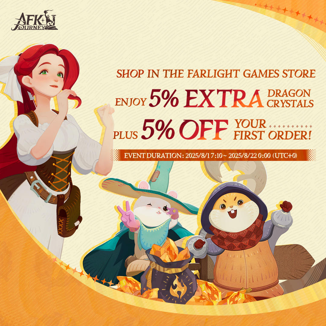 AFK_Journey's tweet image. Discounts are on the horizon!
Unlock 5% off your first order and receive 5% extra Dragon Crystals in the Farlight Games Store starting August 1st at 00:00 UTC
>>> d-g.lilith.sh/s?=bCc #AFKJourney