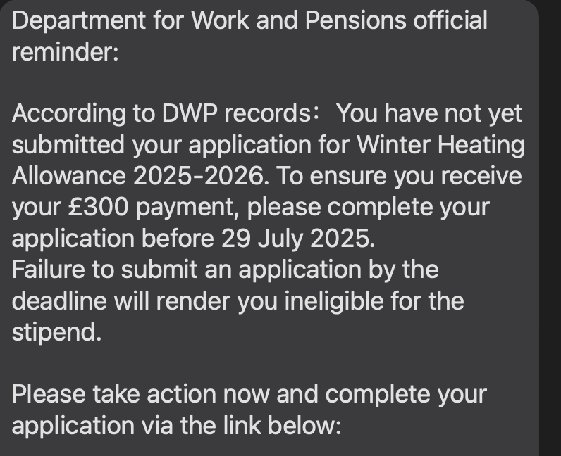 dshensmith's tweet photo. Please tell your relatives NOT to fall for this nonsense scam by text. They usually have a url which looks correct in part beginning "gov.uk-[something].xyz" which is, of course, bogus. https://t.co/GVwd7gfcxP