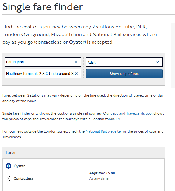 tim1882's tweet photo. @TfL 

Hi
Your fare finder say a single from Farringdon to Heathrow via the Elizabeth line is £5.80.  
https://t.co/dkQamzVHmY
Is that correct?  Other (unofficial) sources say it's more. https://t.co/TrHbZVweLt