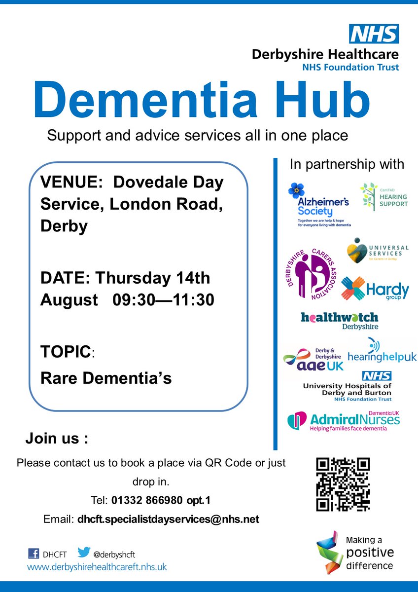 Derbyshire Carers (@derbyshirecarer) on Twitter photo Dementia Hub 💜
📌Dovedale Day Service, London Road, Derby.
📅Thursday 14th August
⏰09:30am - 11:30am
Please contact the Dementia Hub to book a place via the QR Code below or just drop in.
☎️01332 866980 opt.1
📩Email: dhcft.specialistdayservices@nhs.net Dementia Hub 💜
📌Dovedale Day Service, London Road, Derby.
📅Thursday 14th August
⏰09:30am - 11:30am
Please contact the Dementia Hub to book a place via the QR Code below or just drop in.
☎️01332 866980 opt.1
📩Email: dhcft.specialistdayservices@nhs.net