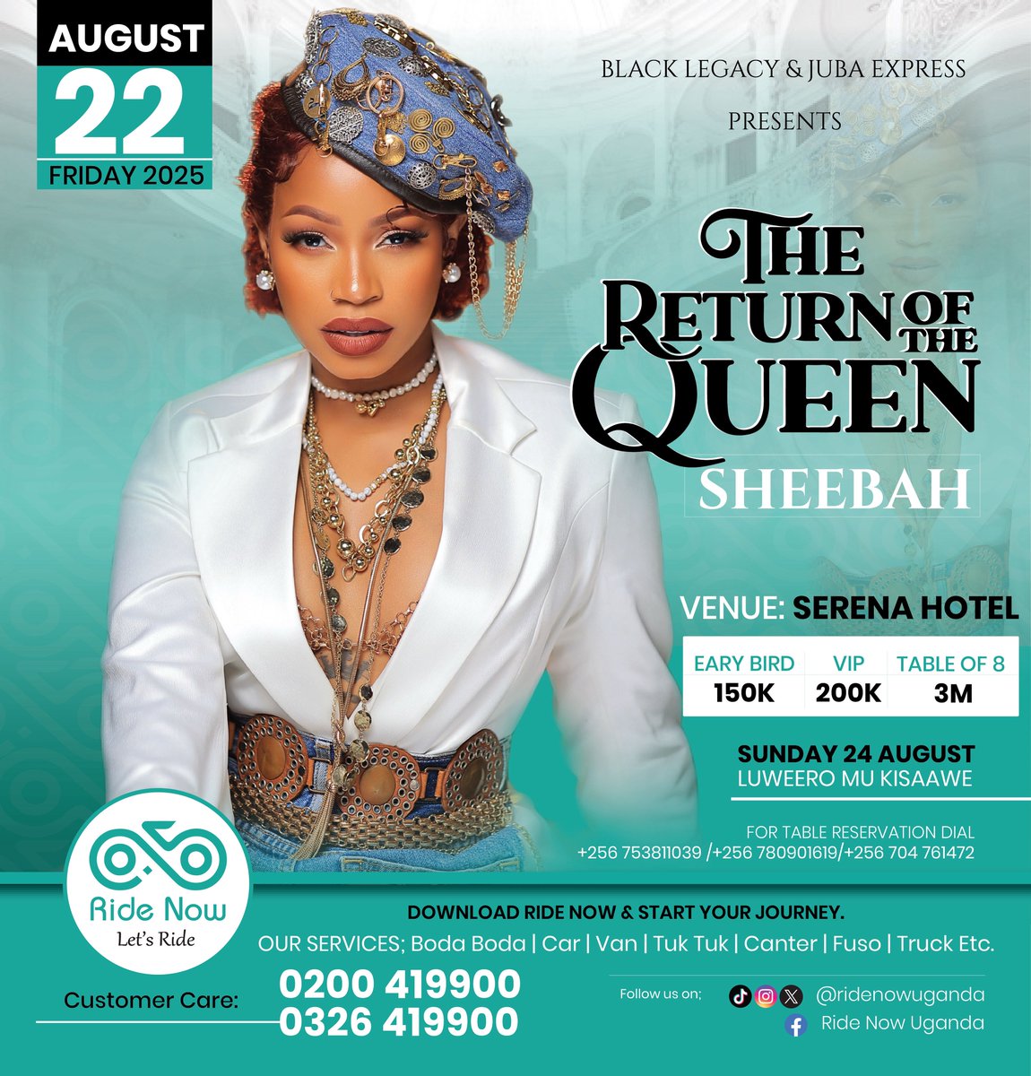 I’m delighted to welcome <a href="/ridenowuganda/">Ride Now</a> as a proud sponsor of The Return of the Queen on August 22nd at Serena Hotel.

Ride Now Uganda is a trusted transport app offering safe, easy rides from bodas and cars to vans, tuk-tuks, and trucks. Just download the app, set up your