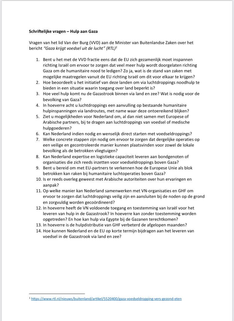 Er moet zo snel mogelijk voedsel en hulp Gaza in. Dat is evident. Ik wil weten of de voedseldroppings veilig kunnen plaatsvinden, dit voldoende is en of Nederland een bijdrage kan leveren met de internationale gemeenschap. Daarom kamervragen👇