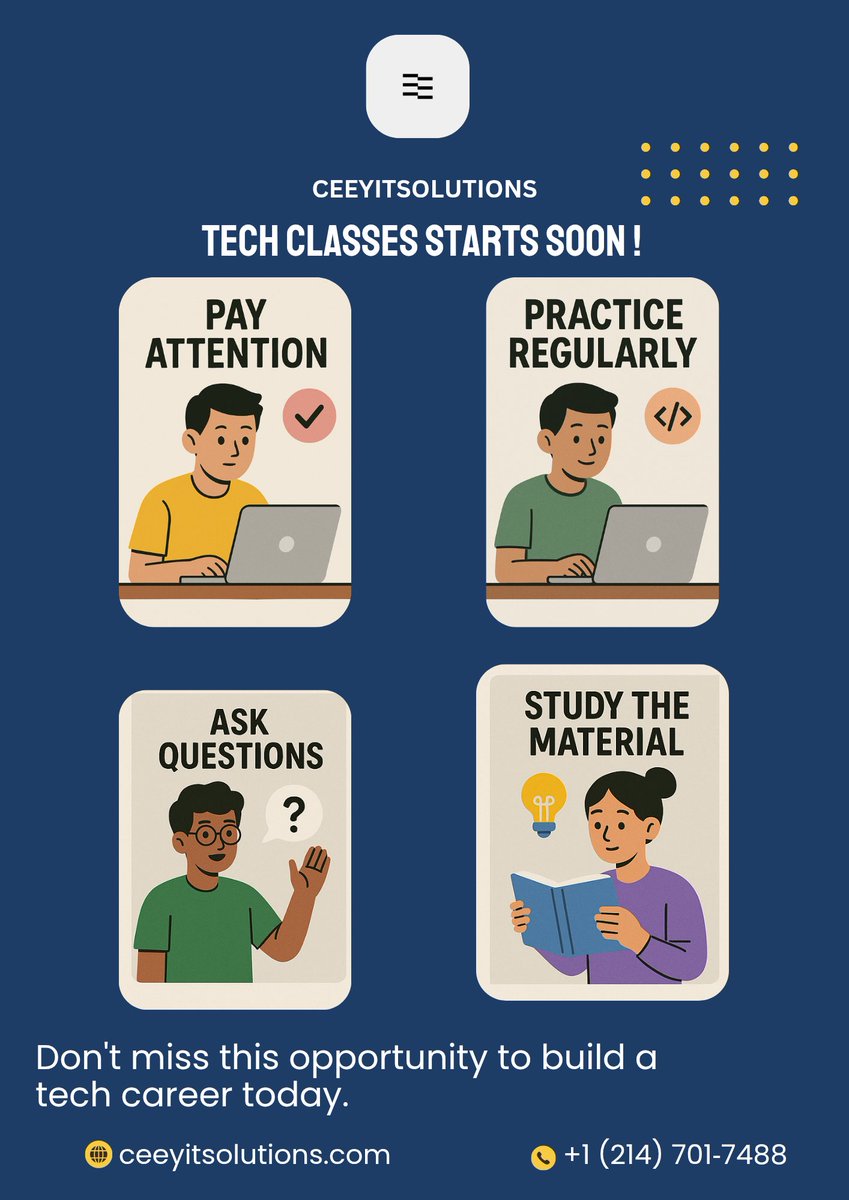 Ceeyitsolutions (@ceeyitsolutions) on Twitter photo Join TechClasses with <a href="/ceeyitsolutions/">Ceeyitsolutions</a>! Starts soon - pay attention, practice regularly, ask questions, and study to kickstart your tech career! 🚀 #LearnTech Join TechClasses with <a href="/ceeyitsolutions/">Ceeyitsolutions</a>! Starts soon - pay attention, practice regularly, ask questions, and study to kickstart your tech career! 🚀 #LearnTech