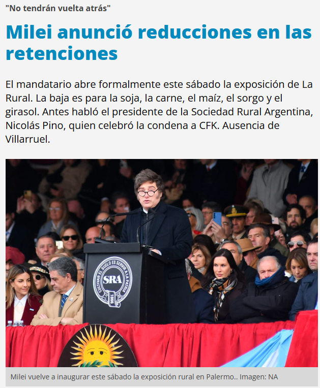 VHMok's tweet image. MILEI ANUNCIÓ LA BAJA EN LAS RETENCIONES AL CAMPO 

Durante su discurso en La Rural, el presidente Javier Milei anunció una reducción en las retenciones para diversos productos ganaderos. También tomó la palabra Nicolás Pino, presidente de la Sociedad Rural Argentina, quien…