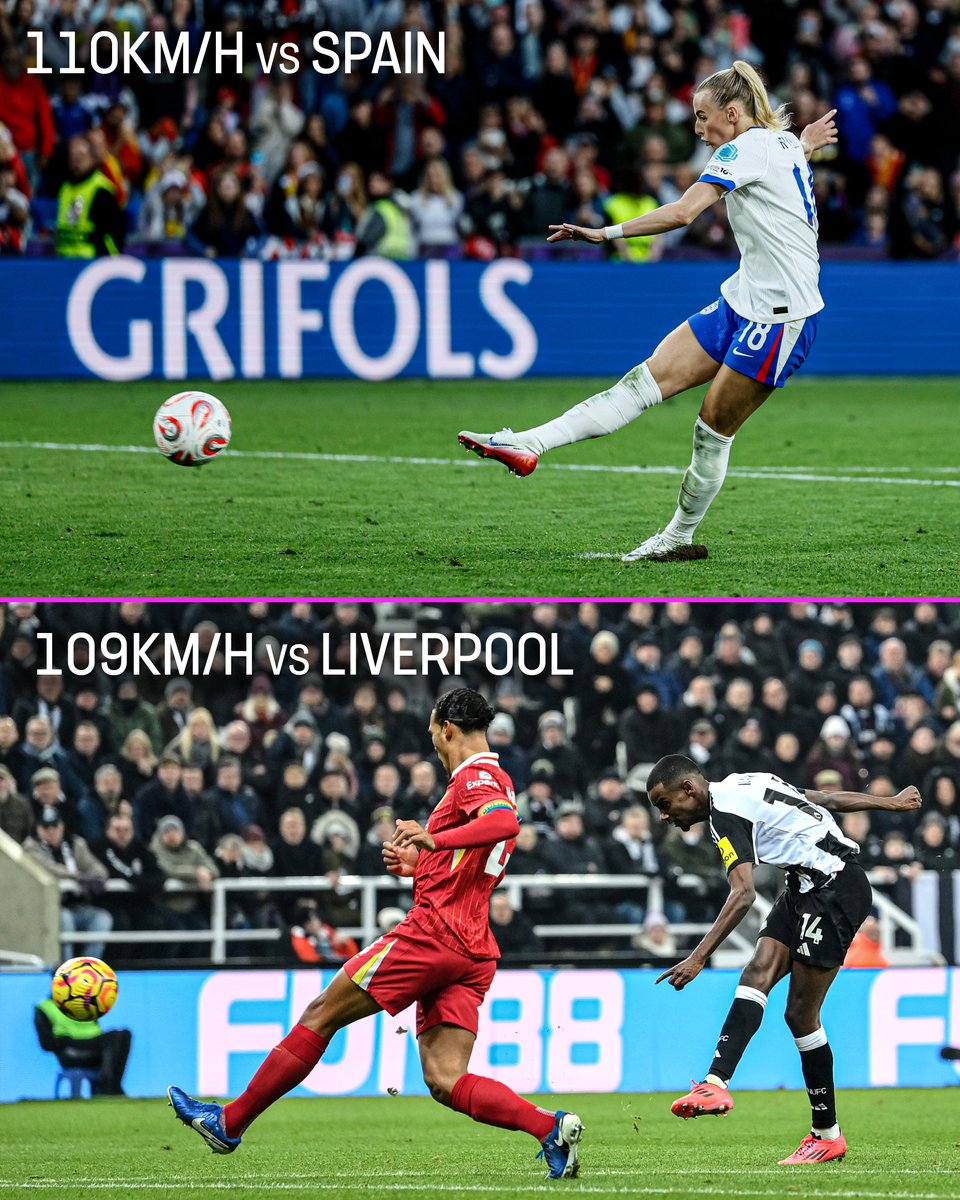 Chloe Kelly's winning penalty against Spain was clocked at 110km/h - faster than the most powerful shot in the men's Premier League last season - scored by Alexander Isak 🚀