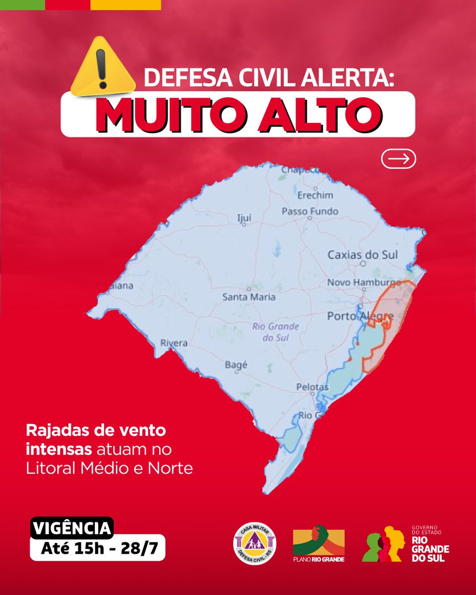 DefesaCivilRS's tweet image. Defesa Civil alerta para Alerta condição SEVERA para vento de 90 a 110 km/h no Litoral Médio e Norte. Risco MUITO ALTO de queda de arvores e energia. Risco ALTO de queda de árvores e energia. Válido até 15h do dia 28 de julho. Evite áreas de risco. Emergência ligue 190/193.