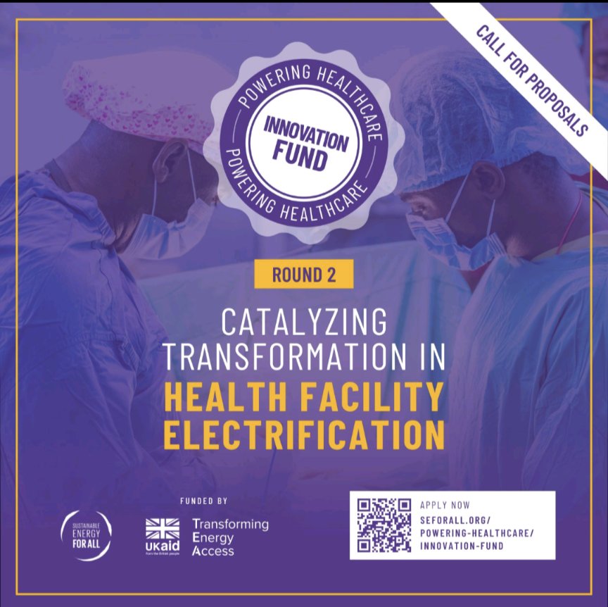 ROUND 2 OF THE #POWERINGHEALTHCARE INNOVATION FUND IS NOW OPEN 
Are you an innovator with a passion to accelerate access to electricity in healthcare facilities? 

Our Innovation Fund Offers small grants of up to USD 80,000 each, apply.

seforall.org/powering-healt…

 <a href="/SEforALLorg/">Sustainable Energy for All</a>