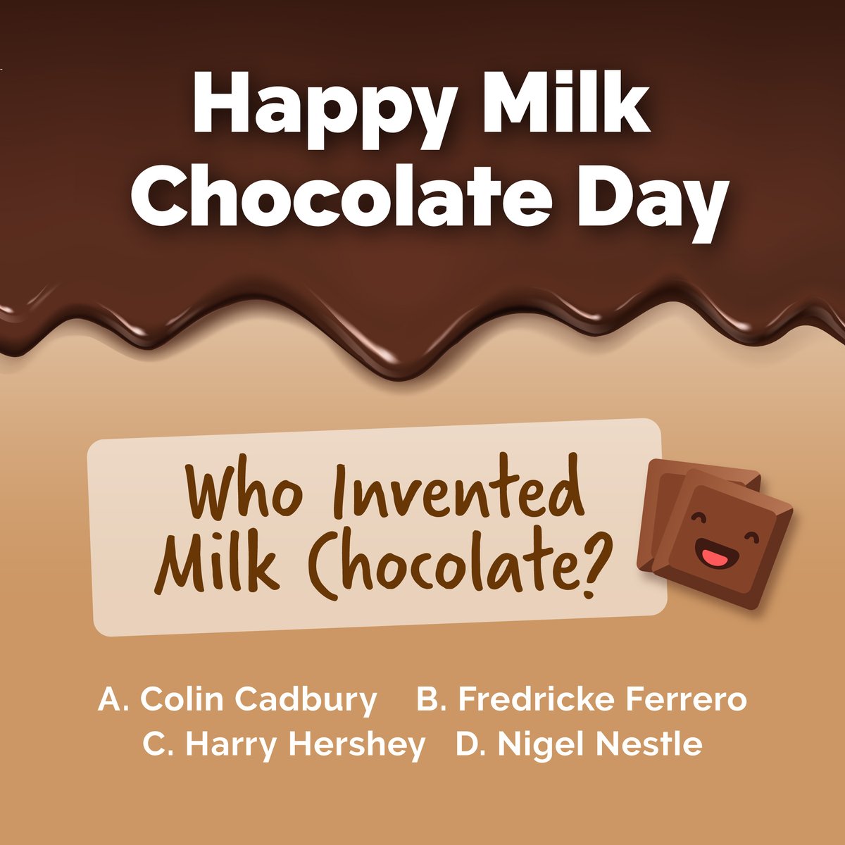 Sadly it was none of the below. 

The inventor of milk chocolate was in fact Daniel Peter, who just happened to be the neighbour of a certain Henry Nestle, in Vevey, Switzerland, in the mid-1800s. 

Happy Milk Chocolate Day 🍫

#fascinatingfact #chocolateday #treatyourself