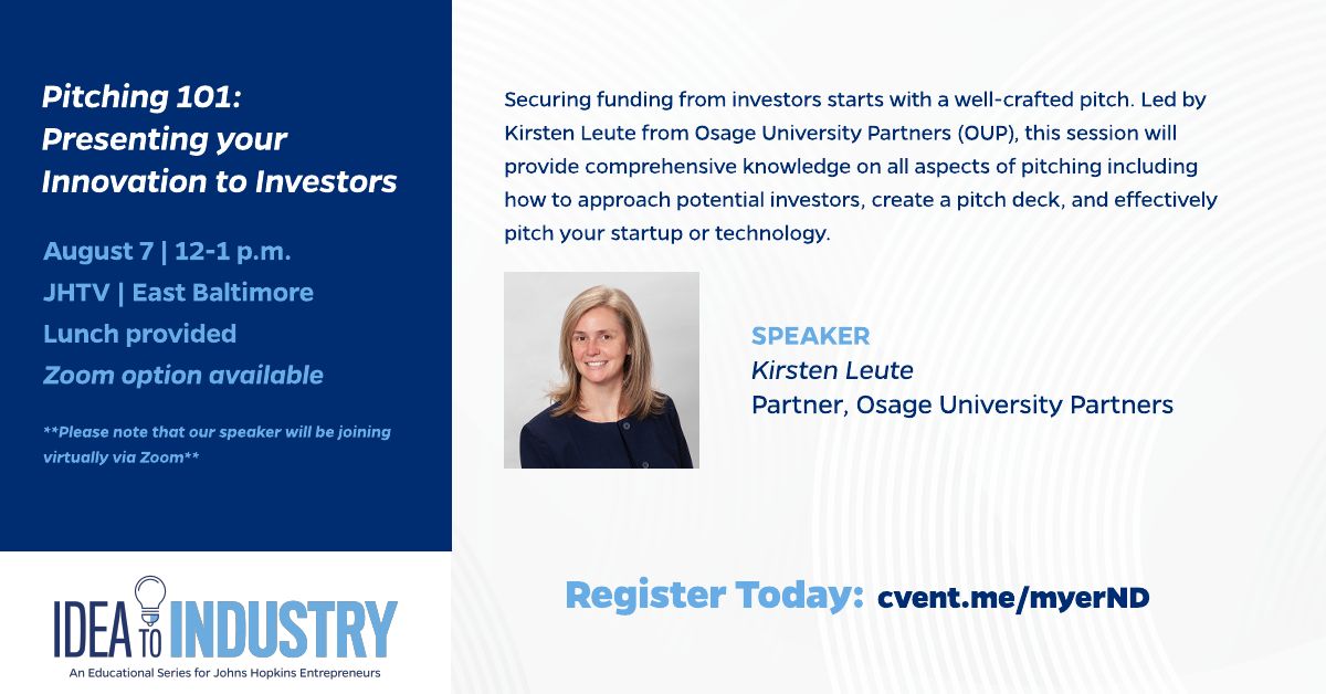 JHTV (@jhtechventures) on Twitter photo Got an innovation but not sure how to pitch it? Join us Aug 7 (12–1 PM) at JHTV for Pitching 101 with <a href="/KirstenLeute/">Kirsten Leute</a> of <a href="/OUP_VC/">Osage Univ. Partners</a>.
Learn how to approach investors, build a pitch deck & deliver with impact. Lunch provided!
Register today: buff.ly/VXGg5mQ Got an innovation but not sure how to pitch it? Join us Aug 7 (12–1 PM) at JHTV for Pitching 101 with <a href="/KirstenLeute/">Kirsten Leute</a> of <a href="/OUP_VC/">Osage Univ. Partners</a>.
Learn how to approach investors, build a pitch deck & deliver with impact. Lunch provided!
Register today: buff.ly/VXGg5mQ