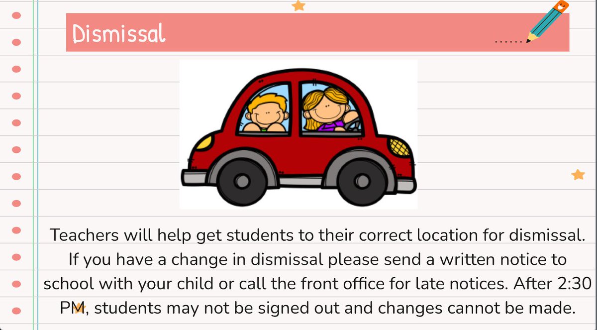 Finishing out the kindergarten day! Any changes to dismissal must be sent in to the teacher in the morning to ensure students go to the correct dismissal locations.