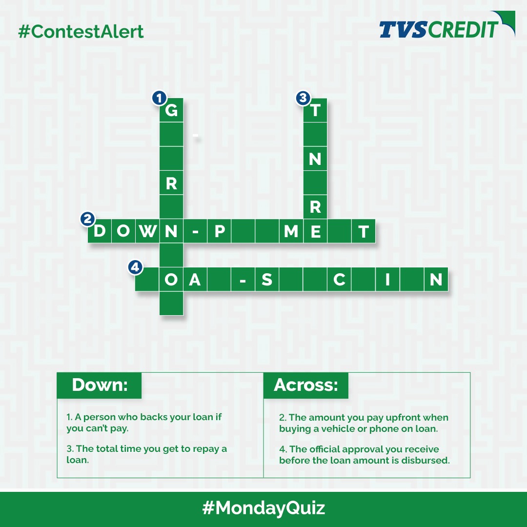Crack this crossword and show us what you’ve got.

Drop your answers in the comments and tag your friends to take the challenge too.  Stand a chance to win exciting vouchers! 

#ContestAlert #MondayQuiz #TVSCredit #FinanceFun #BrainTeaser