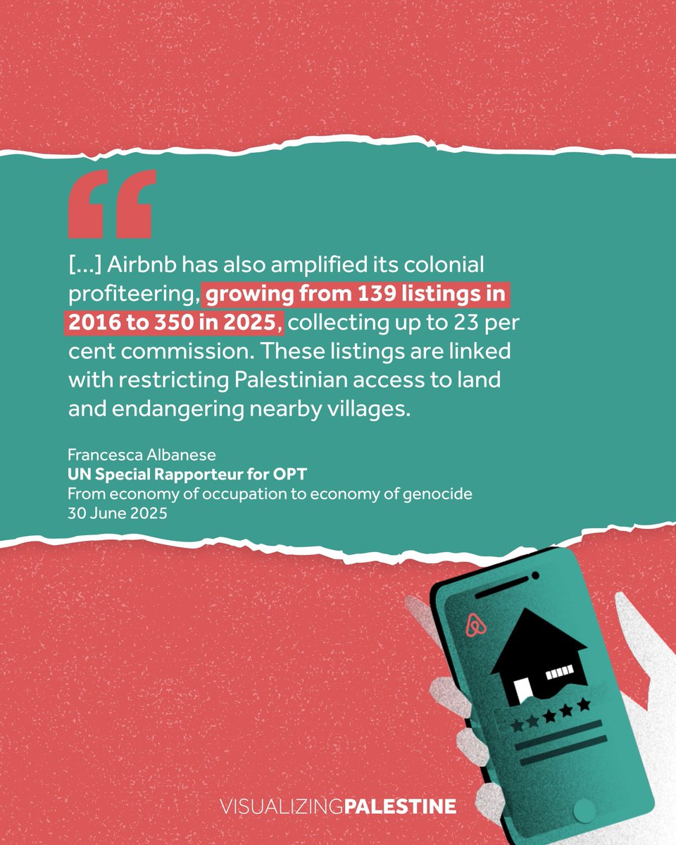 visualizingpal's tweet image. In today’s highlight of @FranceskAlbs&apos; report, &quot;From economy of occupation to economy of genocide&quot;, we examine the economy of occupation tourism, focusing on how companies like Airbnb profit from Israeli settler-colonial expansion.
visualizingpalestine.org/visual/bed-bre…