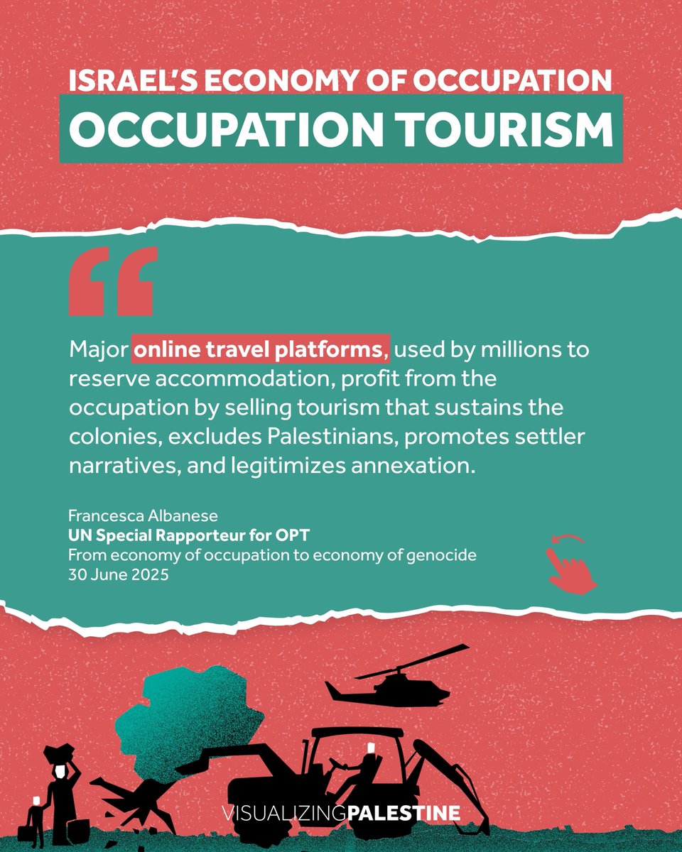 visualizingpal's tweet image. In today’s highlight of @FranceskAlbs&apos; report, &quot;From economy of occupation to economy of genocide&quot;, we examine the economy of occupation tourism, focusing on how companies like Airbnb profit from Israeli settler-colonial expansion.
visualizingpalestine.org/visual/bed-bre…