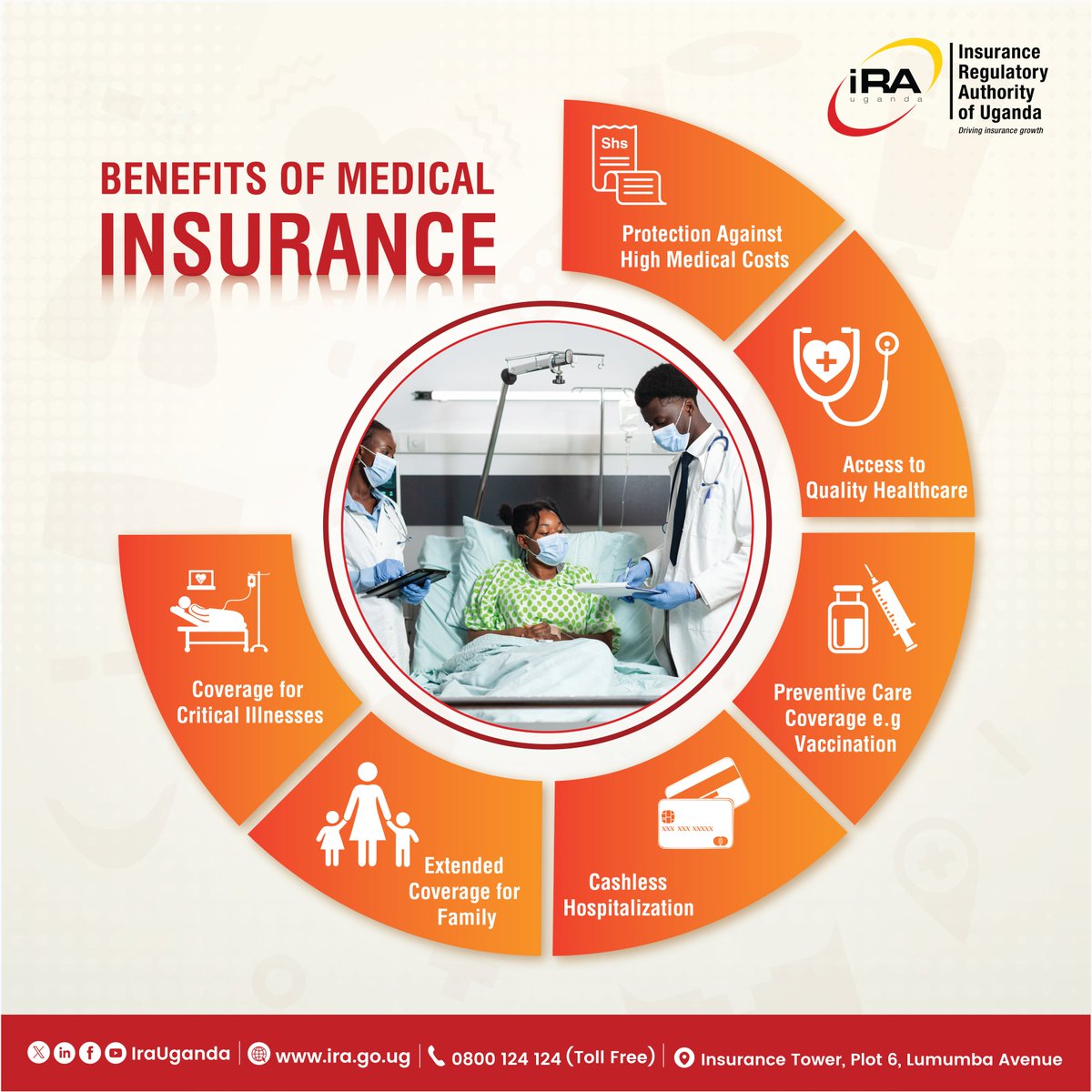 Sick days happen. Accidents happen. Life happens.
What shouldn’t happen? A financial crisis because of a hospital bill. Get medical insurance and preserve your peace of mind. Visit ira.go.ug for the licensed insurers.