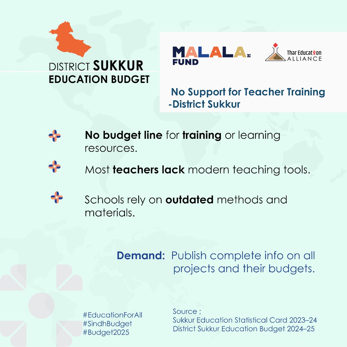 District Sukkur's education budget critically lacks support for teacher training &amp; modern resources! This means outdated teaching methods. We demand full transparency: publish complete info on all education projects and their budgets now!
 #EducationForAll #SindhBudget