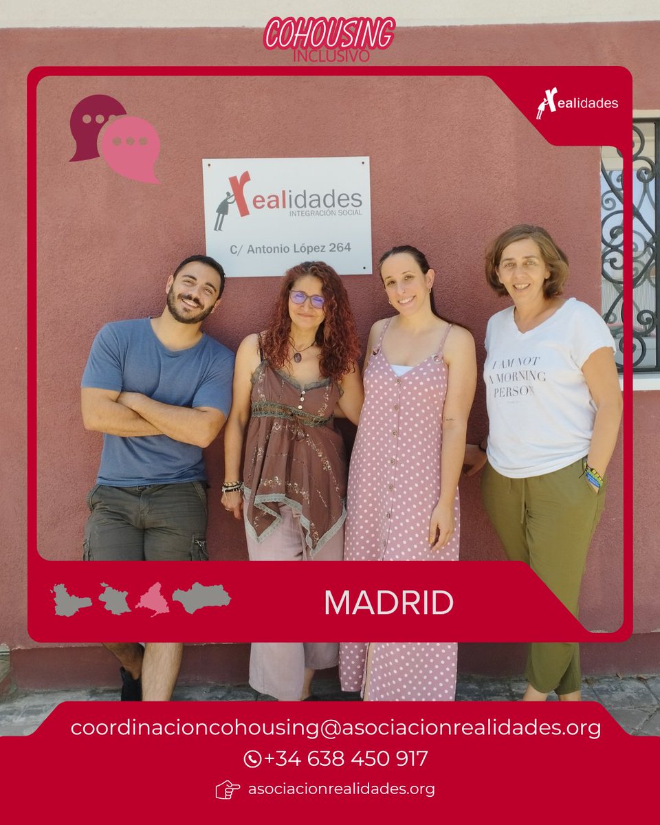 #Madrid! ¿Quieres conocer de cerca y colaborar en Cohousing Inclusivo?
🤝 Si eres una entidad social, administración o colectivo contacta con el equipo!

📞 +34 638 450 917
📩 coordinacioncohousing@asociacionrealidades.org

#CohousingInclusivo #AsociacionRealidades