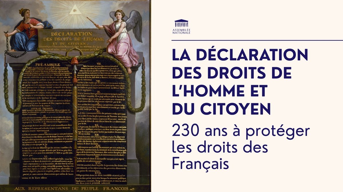 ⚖️ "Les hommes naissent et demeurent libres et égaux en droits"

🔎 Il y a 236 ans, l'Assemblée constituante finissait d'adopter les articles de la Déclaration des droits de l'homme et du citoyen.
🧵(Re)découvrez l'histoire de ce texte fondateur qui conserve une valeur