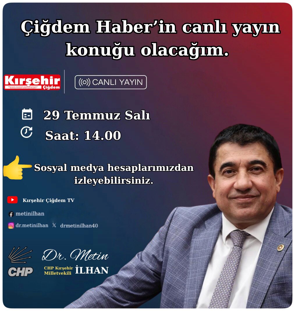 Çiğdem Haber'in canlı yayın konuğu olacağım.

🗓️29 Temmuz Salı 
⏰14.00
📍Kırşehir Çiğdem TV(YouTube)

➡️Ayrıca sosyal medya hesaplarımdan da izleyebilirsiniz.