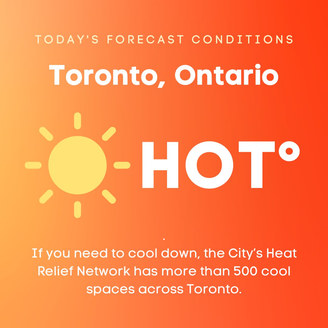 The #HeatWarning continues today, Toronto. 🥵

If you need a place to cool down, there are more than 500 cool spaces to get out of this heat.

Find them at toronto.ca/CoolSpaces