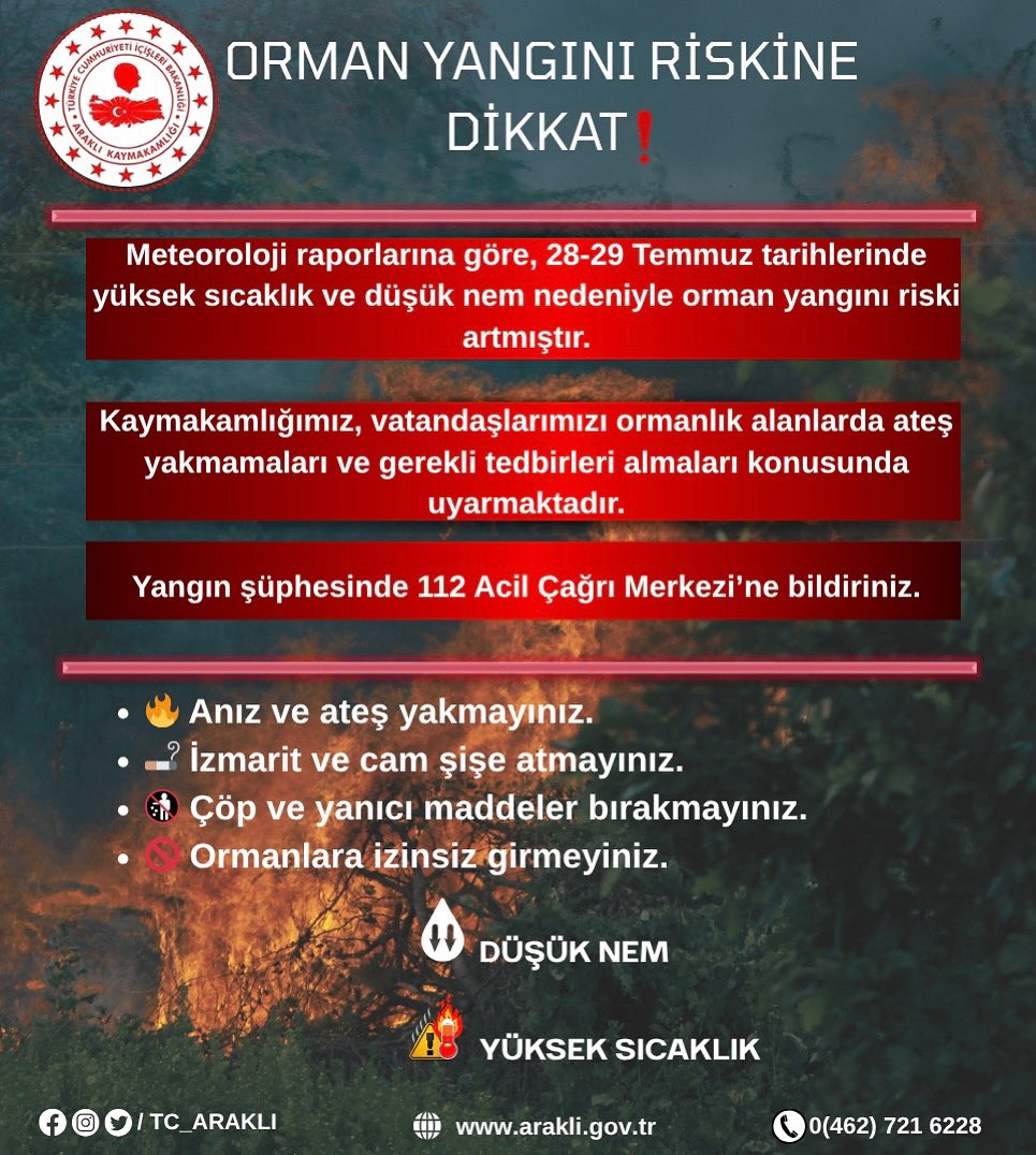 ⚠️ ORMAN YANGINI RİSKİNE DİKKAT!

📍28-29 Temmuz tarihlerinde yüksek sıcaklık ve düşük nem nedeniyle bölgemizde orman yangını riski artmıştır.

🔸 Anız ve ateş yakmayın
🔸 İzmarit, cam, çöp atmayın
🔸 Ormana izinsiz girmeyin
🔸 Duman görürseniz 1️⃣1️⃣2️⃣’yi arayın.

#OrmanYangını
