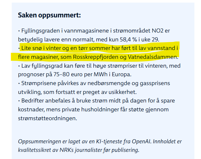 Hvorfor fortsetter NRK å spre fake news som dette her? 

Skal vi late som om det fra NO2 ikke har blitt nettoeksportert 11 TWh så langt i år? Dette dreier seg om at magasineierne har produsert så mye (for å maksimere profitt) at forsyningssikkerheten svekkes.