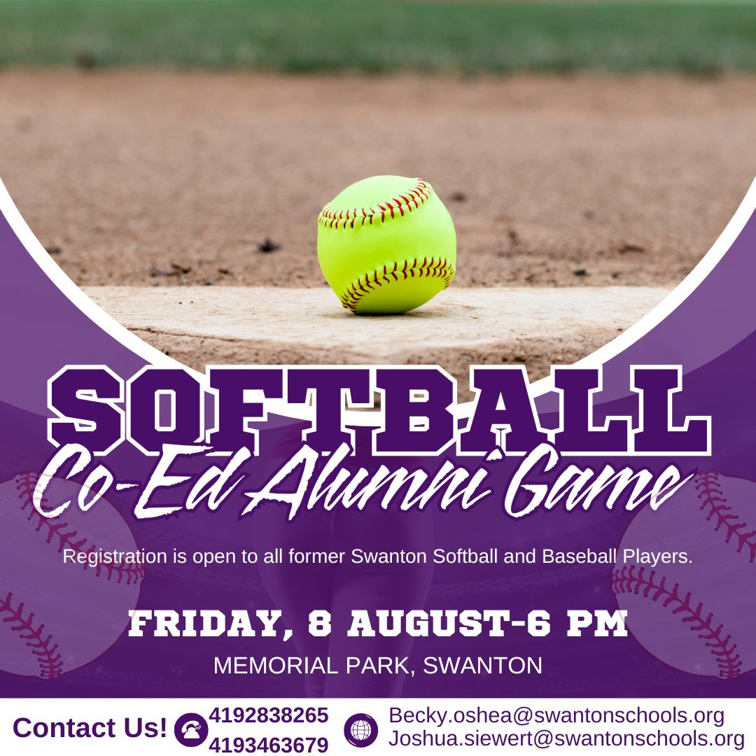 Baseball and Softball Alumni game on Friday August 8. Details on the flyer, call and get registered