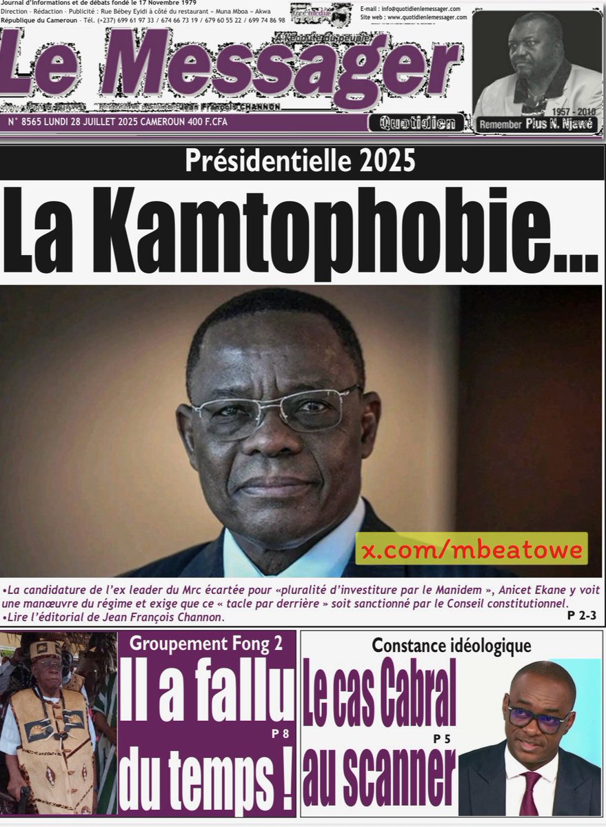 mbeatowe's tweet image. La #Kamtophobie se caractérise, selon Jean François Channon, directeur de publication de @LeMessagerCMR, 
« par une haine maquillée en peur et qui voudrait que les acteurs du système en place qui n&apos;ont du moins jamais accepté que Maurice Kamto s&apos;émancipe à travers un courant de…