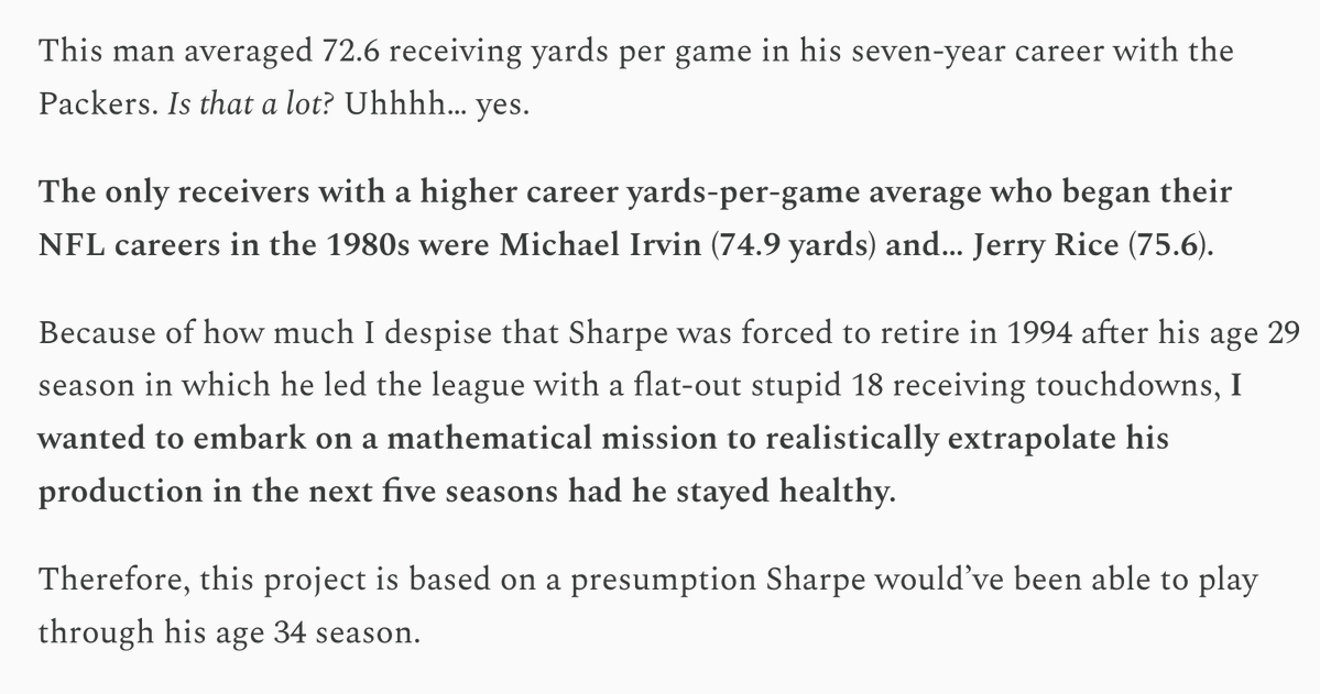 ChrisTrapasso's tweet image. New at TrapSheet: Sterling Sharpe *finally* gets inducted to the Pro Football Hall of Fame this week
Let's honor the legendary #Packers WR by providing his extrapolated *and* era-adjusted career totals trapsheet.substack.com/p/lets-turn-in…
