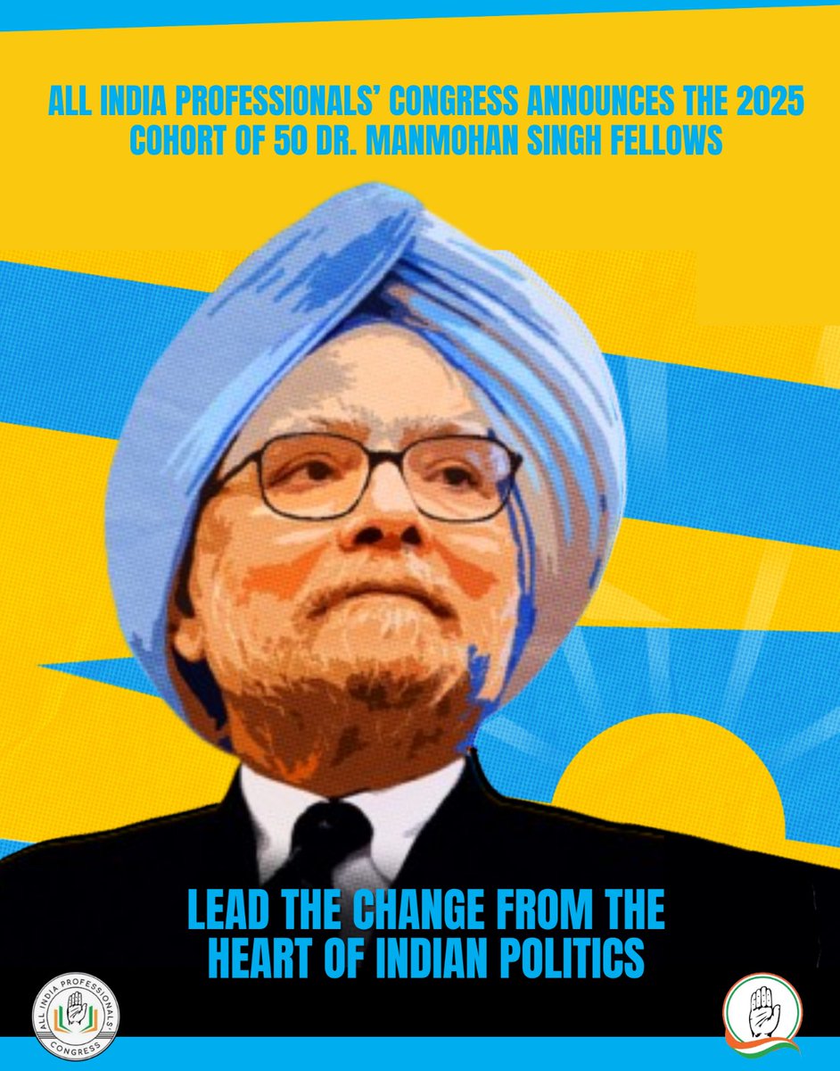 ProfCong's tweet photo. Announcing the 2025 cohort of Dr. Manmohan Singh Fellows

After a rigorous and multi-stage selection process, screening 1,343 applications and conducting 140 in-depth interviews, 50 exceptional professionals have been chosen as the inaugural Dr. Manmohan Singh Fellows. This diverse cohort, representing India’s social, regional, gender and professional spectrum, will help build a modern, progressive and inclusive India.