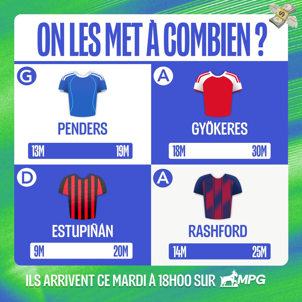MonPetitGazon's tweet image. 4 joueurs majeurs débarquent demain sur MPG 🛬
Mais avec quelle cote ?
On veut ton avis, en respectant nos limites 🚧
