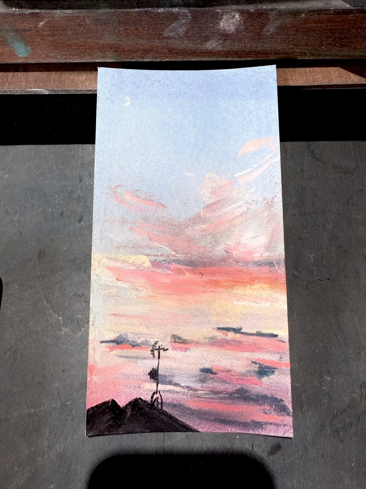 夕陽を眺める景色 パステル画 原画 パステル画絵画原画夕焼け