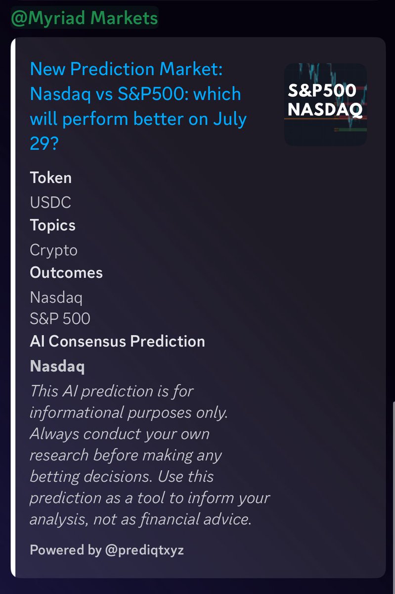 Did you catch the new <a href="/MyriadMarkets/">MYRIAD</a> launch an hour ago?
Chances are, most people didn’t even realize it went live

Getting in late to a prediction market can drastically cut your profit potential.
Join the Prediqt Discord to get instant alerts for new markets — plus AI-powered