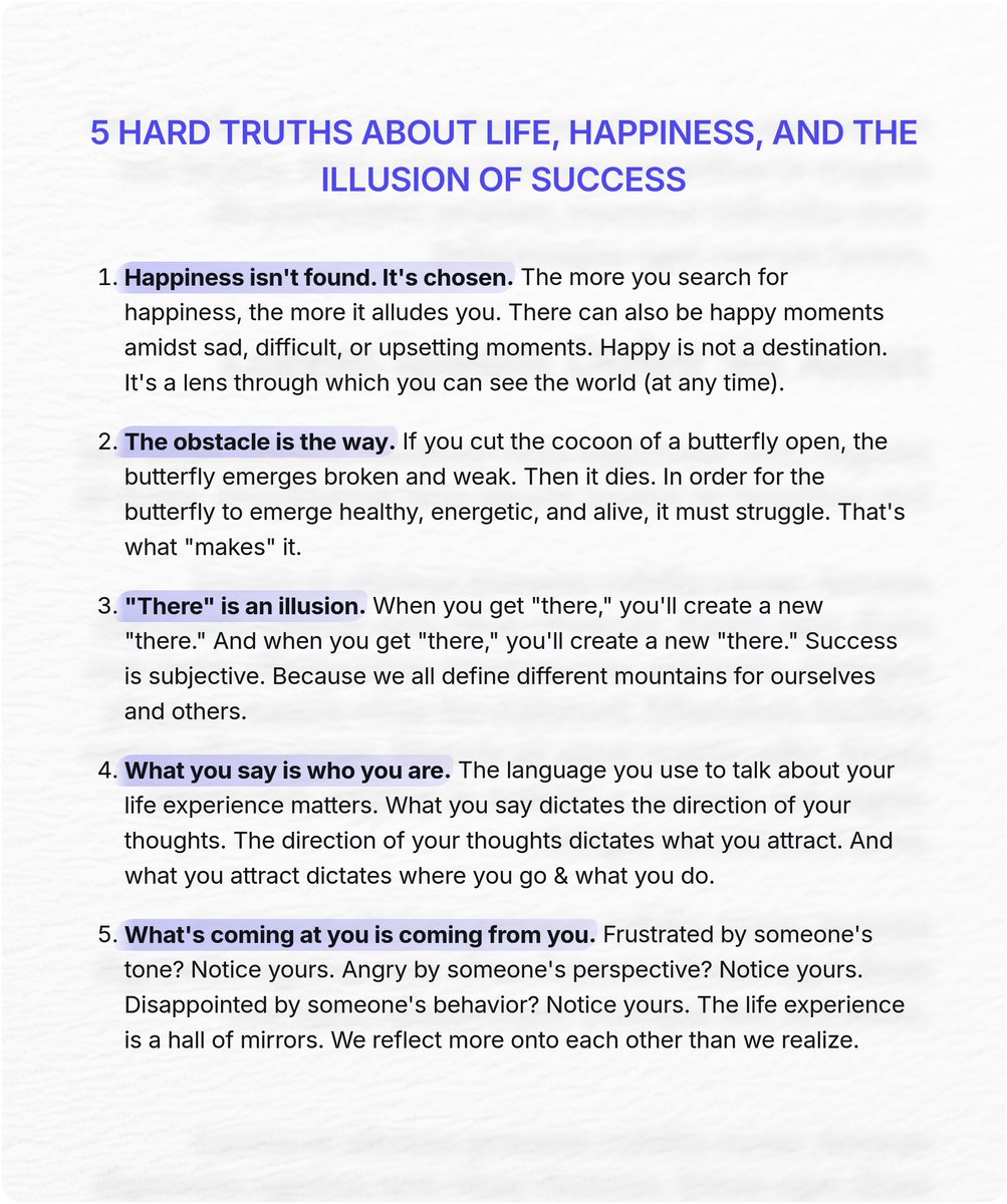 Nicolascole77's tweet image. 5 hard truths I've learned about life, happiness, and the illusion of success: