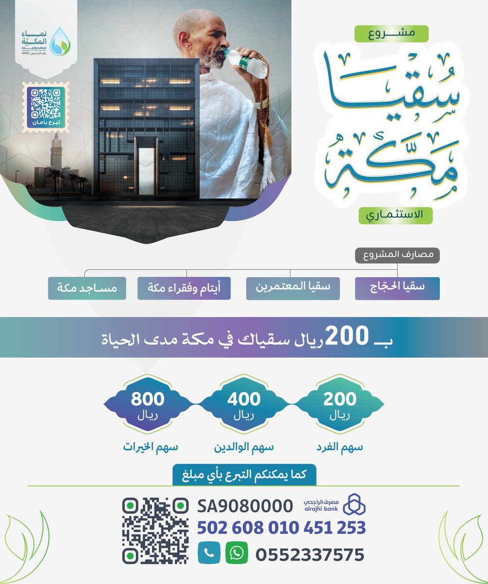 nmamakkyah's tweet photo. صدقتك قد تبقى أثرًا لا يزول 🍃
تسقي بها حاجًا عطشان، وتفرّج بها كربة محتاج، وترافقك أجورها حتى بعد رحيلك.
جاء في حديث النبي ﷺ: "إن مما يلحق المؤمن من عمله وحسناته بعد موته صدقة أجراها..."
اغتنم الفرصة، وكن من أهل الأثر الباقي، وشارك في #مشروع_سقيا_مكة

مشروع يمتد خيره ليشمل:🔰
▫️ ضيوف الرحمن
▫️ قاصدي المسجد الحرام
▫️ حلقات التحفيظ
▫️ المساجد
▫️ الفقراء والأيتام
▫️ القرى والهجر
▫️ مشاريع تحلية وآبار
▫️ وجبات للصائمين والحجاج

اجعل لك نصيبًا في هذا الخير الجاري:🔗
https://t.co/9NSiVhC6Yl
أثرٌ يبقى، وأجرٌ لا يتوقّف.🌿
#صدقة_جارية
#جمعية_نماء_المكية #لتنمية_مستدامة