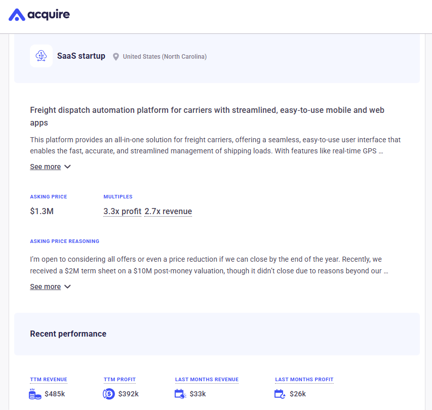 Andrew Gazdecki (@agazdecki) on Twitter photo Just listed on <a href="/acquiredotcom/">acquire.com</a>. A freight dispatch SaaS that prints cash. Solid bet if you want boring, profitable and built.
Streamlined mobile + web platform that automates load management, dispatch, tracking, and more.
> $485K TTM revenue
> $392K TTM profit
> 1–2 devs to Just listed on <a href="/acquiredotcom/">acquire.com</a>. A freight dispatch SaaS that prints cash. Solid bet if you want boring, profitable and built.
Streamlined mobile + web platform that automates load management, dispatch, tracking, and more.
> $485K TTM revenue
> $392K TTM profit
> 1–2 devs to