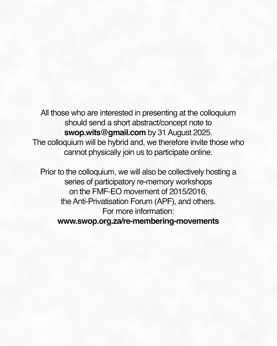 SWOP Institute (@swopinstitute) on Twitter photo Call for contributions 
Re-membering Movements Colloquium (8-10 October) 
Deadline for submissions extended to 31 August. Details at swop.org.za/call-for-contr… Call for contributions 
Re-membering Movements Colloquium (8-10 October) 
Deadline for submissions extended to 31 August. Details at swop.org.za/call-for-contr…