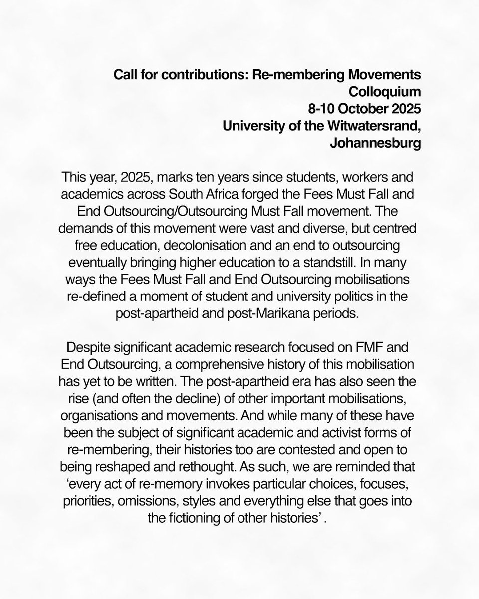 SWOPInstitute's tweet image. Call for contributions 
Re-membering Movements Colloquium (8-10 October) 

Deadline for submissions extended to 31 August. Details at swop.org.za/call-for-contr…