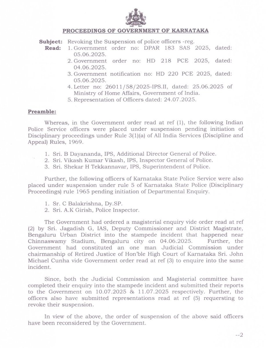 prajwaldza's tweet image. #Breaking | Karnataka govt revokes suspension of ex-Bengaluru police commissioner B Dayananda and three others. Then Additional Commissioner of Police (West) Vikash Kumar Vikash's suspension stands as proceedings are underway at the #Karnataka High Court. @DeccanHerald