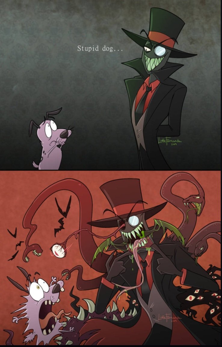 FellowHatt's tweet image. Black Hat would totally be the type to haunt Courage just for the sole purpose of terrifying him. He wouldn't even hurt him physically. Just terrify him for the fun of it🤣🤦♂️but on the other hand...MY POOR COURAGE😭
#Villainous #BlackHat #Art #conceptart #RELEASEVILLAINOUS