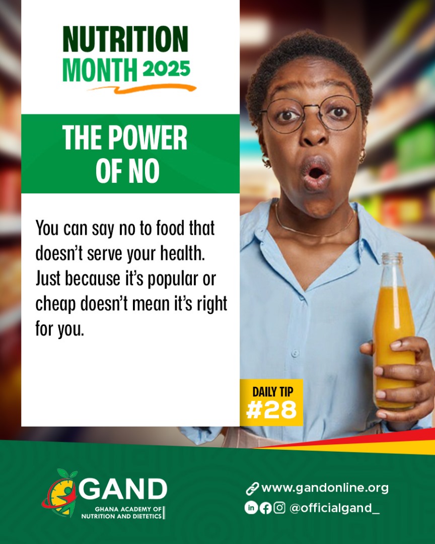 🟢 DAY 28 🔥

🌟 The Power of NO! 🌟
Not every snack is a good match for your plate! Let’s choose wellness over the latest trends — take charge of your plate and your choices!

#ThePowerOfNo #NutritionMonth2025 #EatSmart #StrongChoices #GANDTips #EatWithPurpose