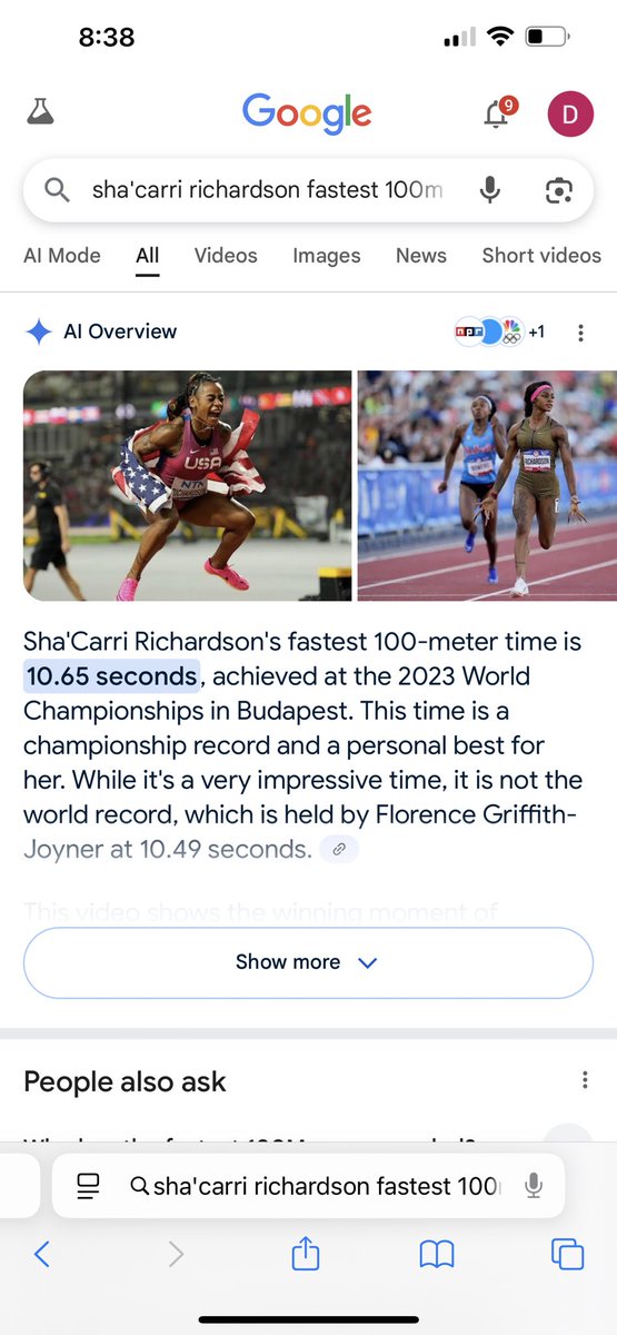 Sha Carri Richardson fasting at time isn't a top 4000 time on the men's side 

Just a little context